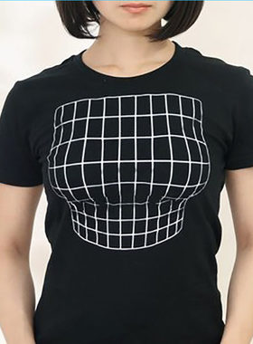 趣味萌搞怪裸眼3D妄想假大胸日本错觉欺骗短袖纯棉T恤女夏修身潮