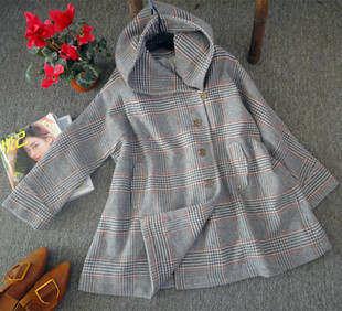 连帽斜襟宽松薄大衣外套 细纹格子廓形大码 特 复古英伦文艺范 推荐