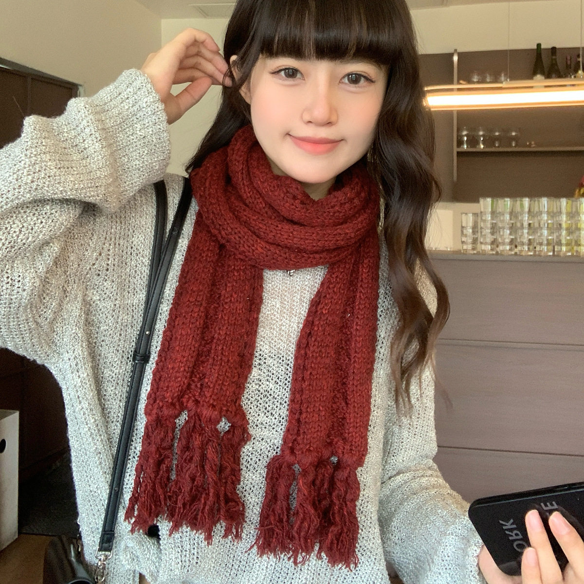 韩版时尚围巾女秋冬款加厚保暖洋气流苏麻花长方形保暖围脖窄款