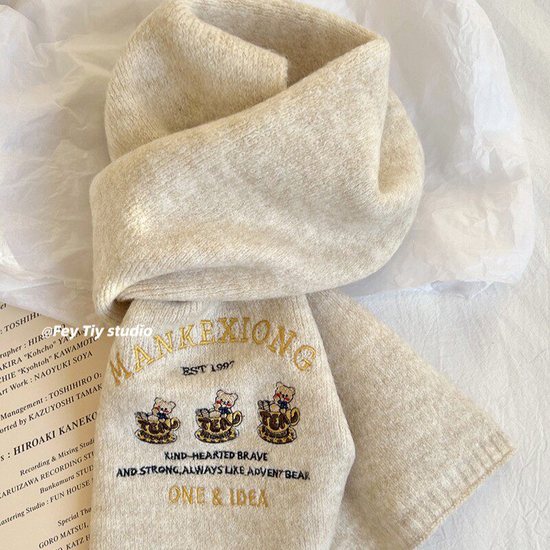 韩国ins新款刺绣学院风小熊针织围巾女秋冬季保暖百搭日系仿羊绒,服饰配件/皮带/帽子/围巾,围巾/丝巾/披肩,淘宝优惠券,粉丝福利购,淘宝优惠卷