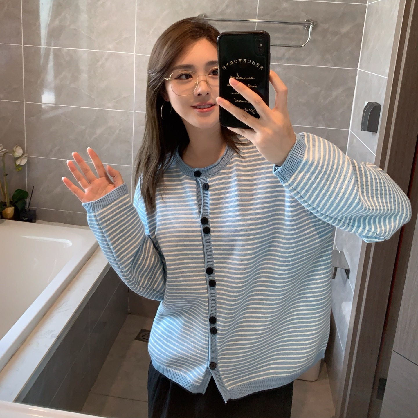 条纹针织开衫外套女秋冬毛衣