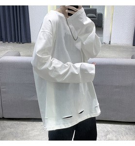 纯棉秋季纯色长袖T恤男女破洞打底衫体恤XZ-221-1-T120图片