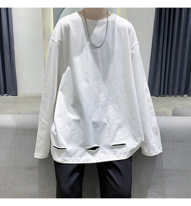 纯棉秋季纯色长袖T恤男女破洞打底衫体恤XZ-221-1-T120图片