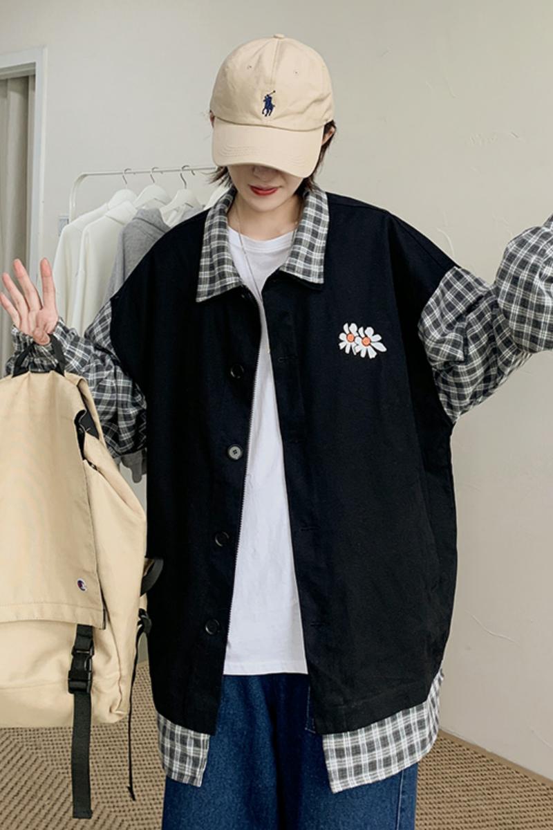 2021春款撞色拼接百搭假两件刺绣夹克外套上衣XZ221-1-J,男装夹克,星座221-1