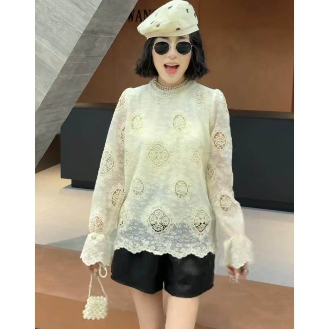 MLF229圆领蕾丝长袖常规蕾丝衫打底衫网红百搭镂空