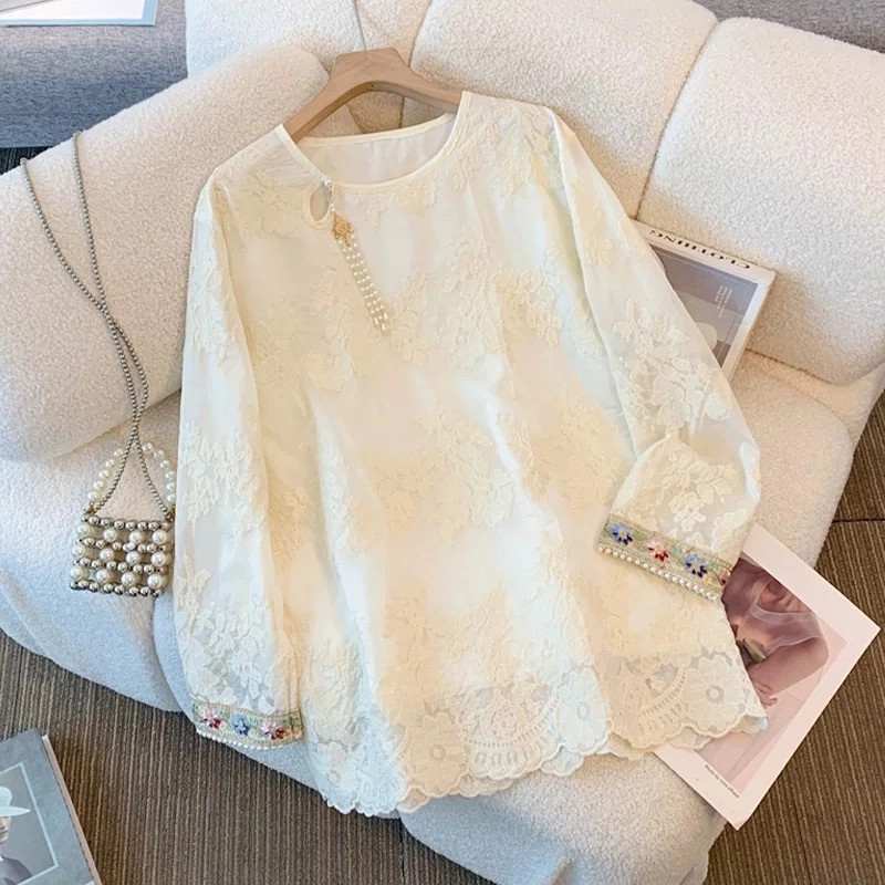 Z2382新中式长袖蕾丝小衫女国风刺绣上衣中长款遮肚子打底