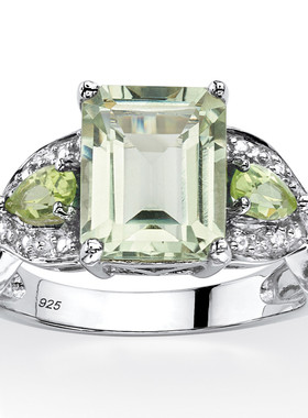 绿色紫水晶/橄榄石925银镀铂金戒