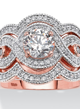 立方氧化锆/925银镀玫瑰金结婚3件套装复古女士戒指美国代购54688