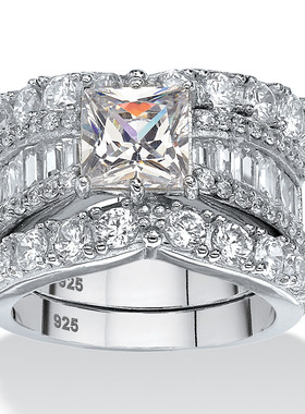 立方氧化锆银镀铂金结婚女士戒指