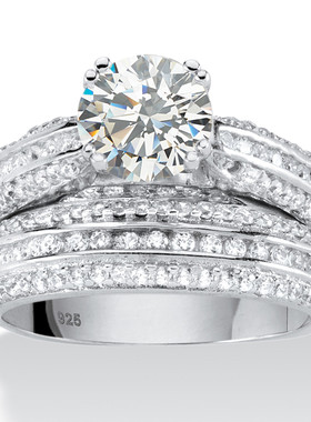 立方氧化锆银镀铂金结婚女士戒指