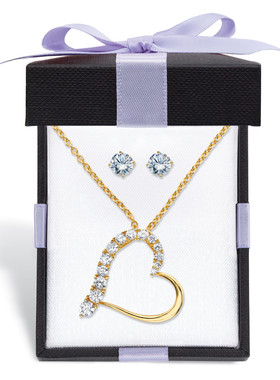 立方氧化锆耳钉/爱心吊坠项链三件套925银镀14k黄金美国代购62690