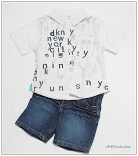 美国进口DKNY/唐可娜儿短袖单排扣衬衫/牛仔短裤两件套儿童男装