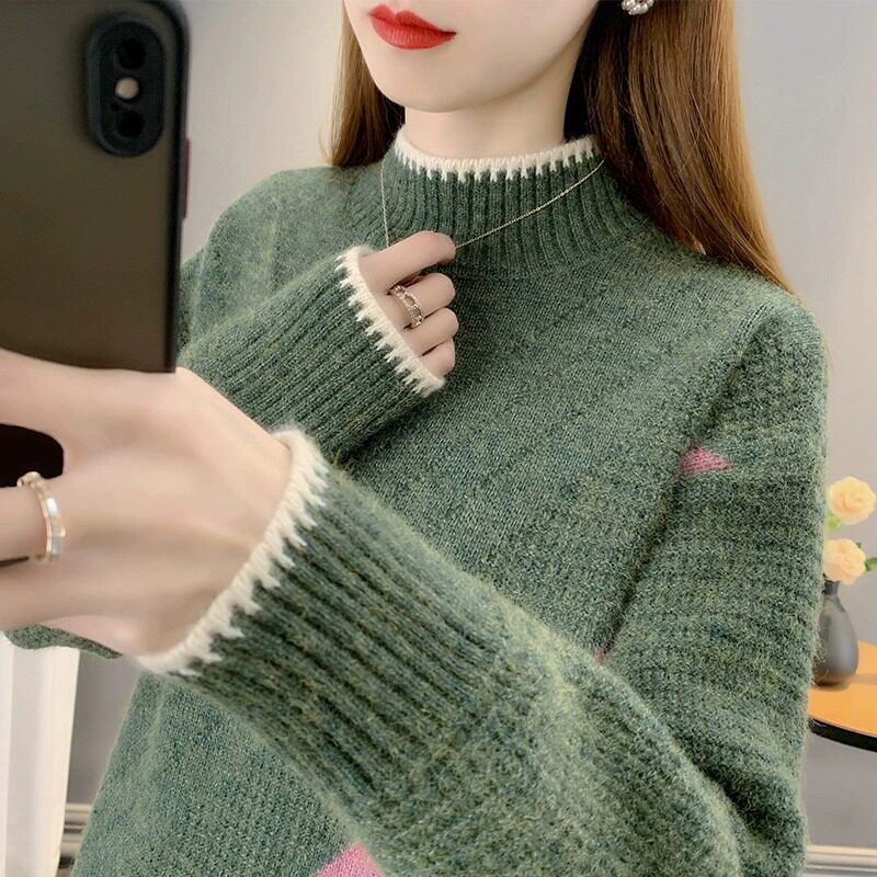 2025秋冬新款女士毛衣女半高领加绒加厚针织衫套头内搭打底衫上衣