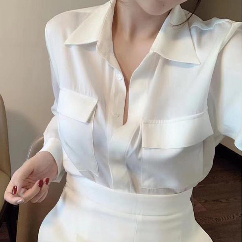 香槟色真丝缎面衬衫女洋气质设计感法式上衣纯色百搭桑蚕丝长袖OL