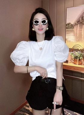 欧洲站2024短款t恤女夏白色纯棉泡泡灯笼袖法式别致小众百搭上衣