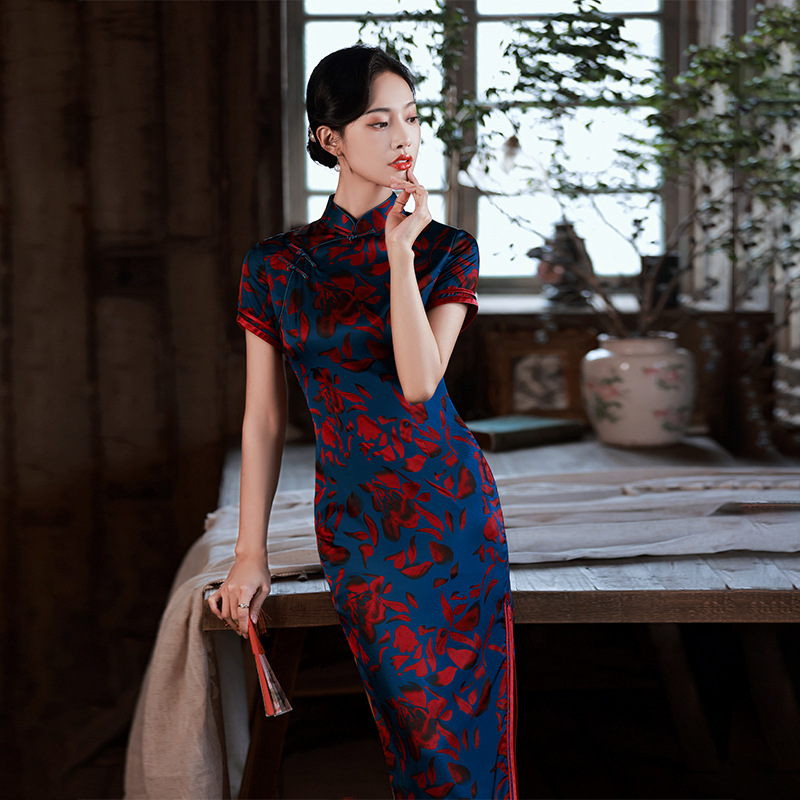 唐之恋高端真丝旗袍桑蚕丝旗袍女高级感喜婆婆高档礼服连衣裙