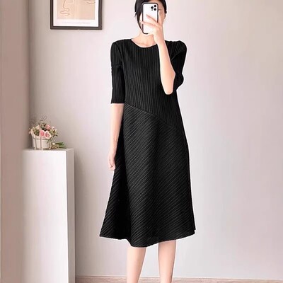 三宅夏季不规则褶皱气质连衣裙女