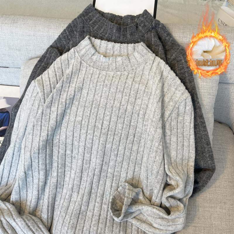 冬季加绒加厚宽松毛衣百搭针织衫