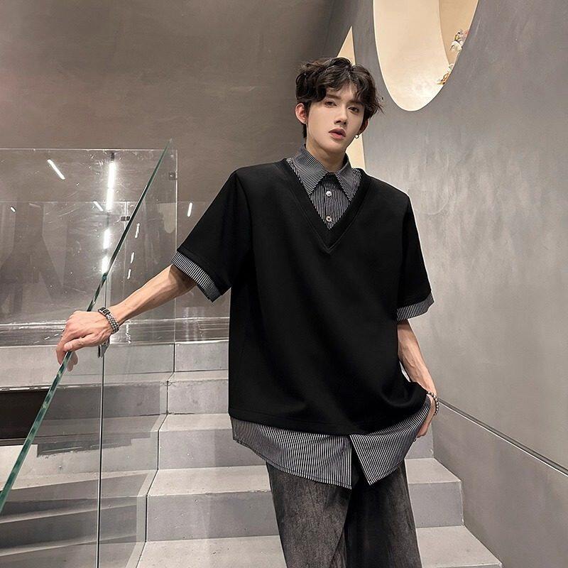 MY假两件撞色拼接垫肩短袖夏季高级感正肩T恤宽松Polo衫半袖上衣