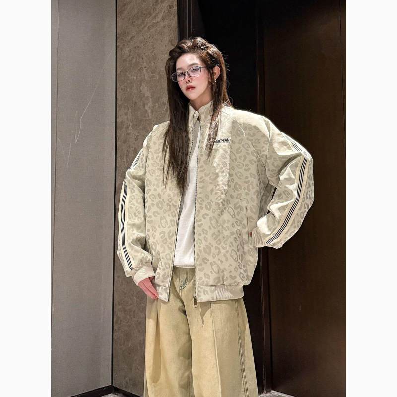 秋季美式痞帅豹纹立领皮衣夹克男