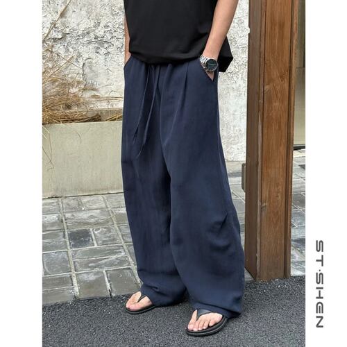 夏季薄款亚麻混纺垂感宽松弯刀裤