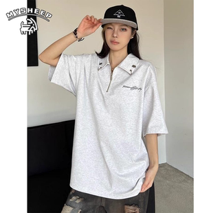 新款 MY美式 男夏季 复古半拉链金属扣POLO衫 设计感宽松翻领T恤 短袖