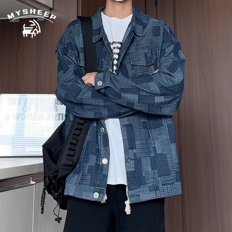 MY秋季新品提花格子潮流港风复古水洗牛仔外套男女生痞帅夹克上衣