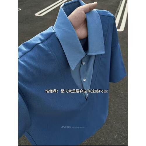 MY夏新款假两件设计感衬衫领POLO衫短袖T恤宽松百搭凉感冰丝衬衫