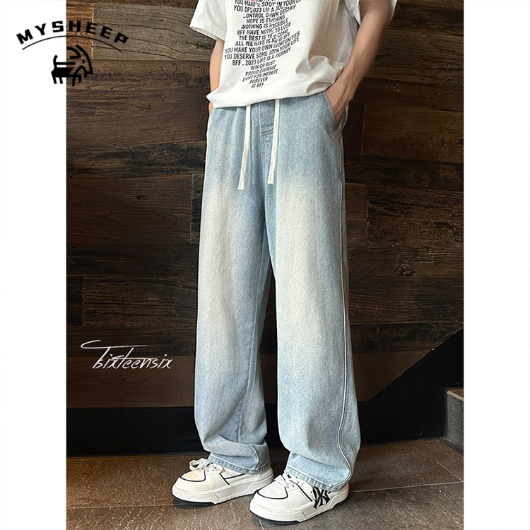 MY秋季新款浅蓝色水洗宽松牛仔裤百搭直筒裤男女美式阔腿休闲长裤