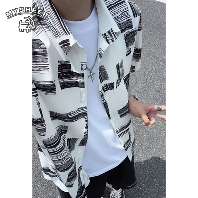 MY夏威夷短袖花衬衫男士夏季薄款痞帅冰丝速干碎花衬衣休闲外套