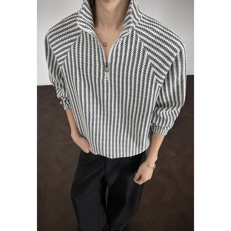 MY春季新款休闲条纹T恤拉链半高领男女款鱼骨纹套头长袖情侣上衣