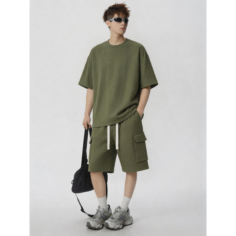 夏季情侣菱格纹短袖工装运动套装