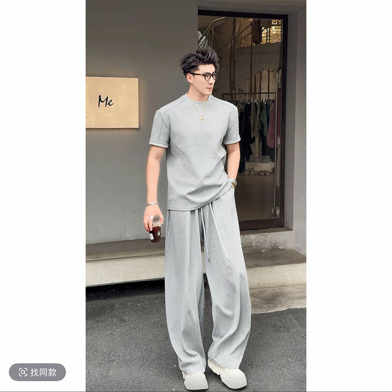 夏季老钱风宽松T恤长裤套装男女