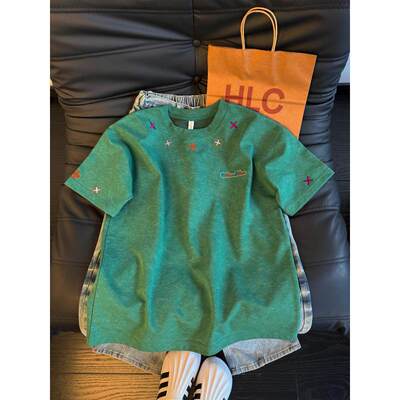 美式复古刺绣T恤宽松圆领短袖男