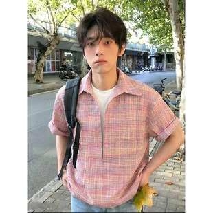MY夏季泡泡纱宽松假两件翻领短袖衬衫男设计感上衣小众少年感T恤