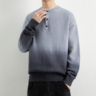 MY冬季新款慵懒风渐变圆领毛衣潮牌宽松加厚衬衫领针织衫保暖内搭