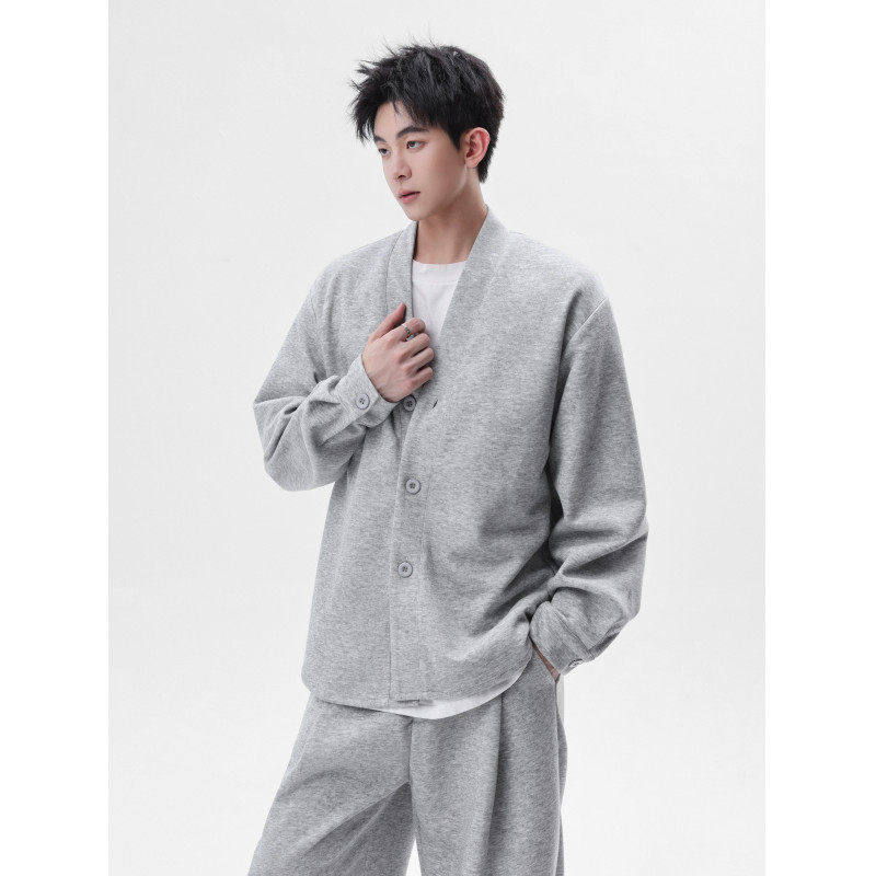 【套装】MY休闲慵懒风男简约开衫外套长裤纯色宽松百搭情侣两件套