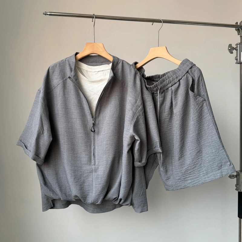 MY老钱风假两件短袖短裤运动套装简约百搭宽松情侣夏季休闲套装