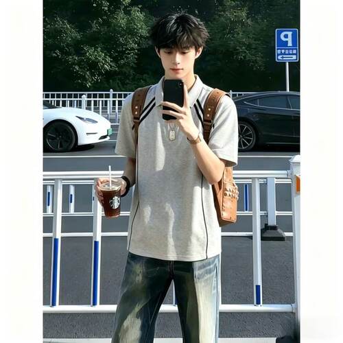 美高街拼接POLO情侣短袖T上衣男