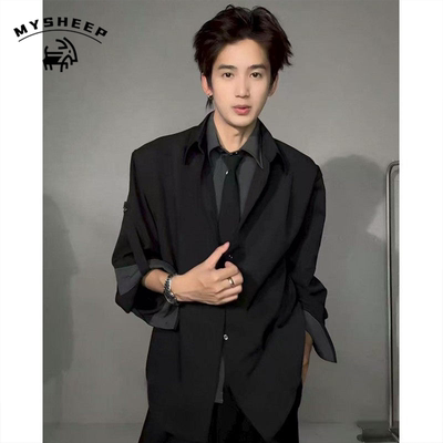 假两件拼接领带设计衬衫简约上衣