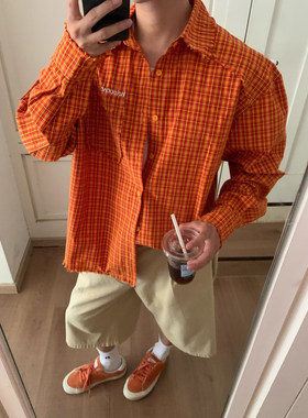 MY美式潮牌休闲风宽松翻领衬衫男复古橙色长袖格子衬衣多巴胺外套