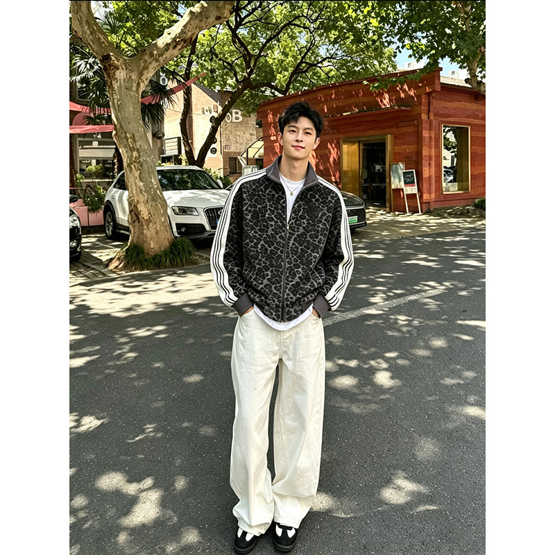 秋季美式豹纹宽松立领情侣卫衣男