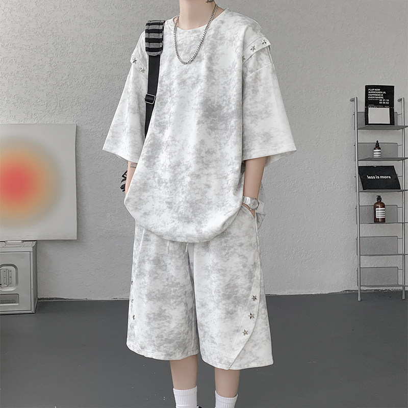 夏季高街扎染大码短袖潮两件套男