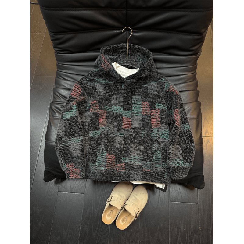 冬季保暖针织上衣男毛绒撞色卫衣