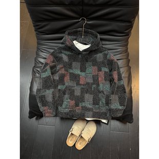 MY秋冬重磅美式复古针织上衣男毛绒保暖拼接撞色百搭连帽卫衣外套