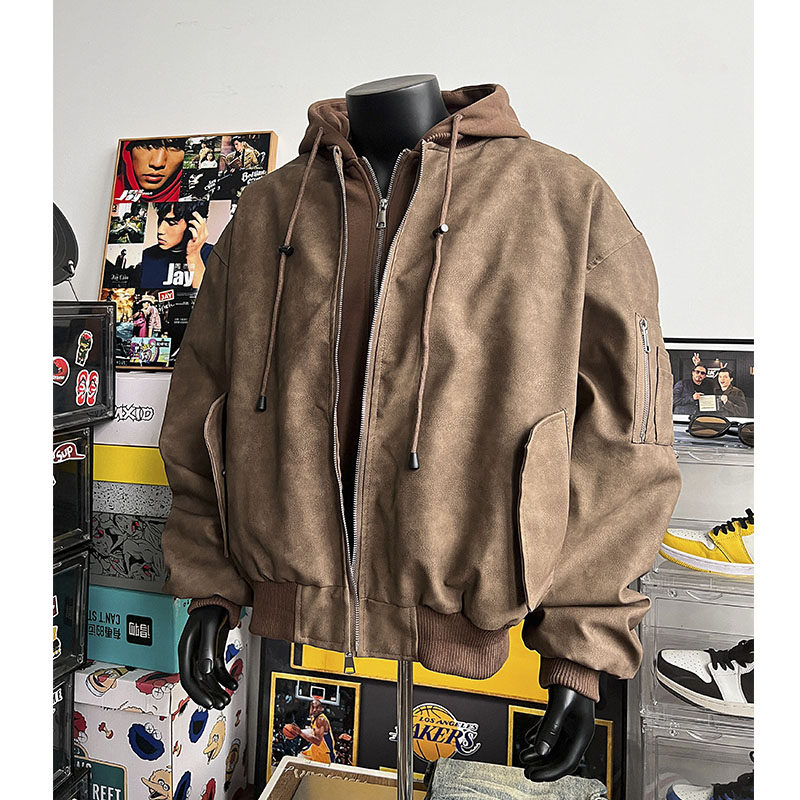 美式复古连帽工装外套保暖皮棉衣