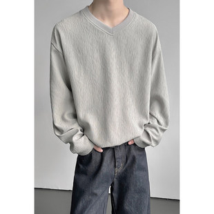 MY春季新款大码简约风宽松V领长袖男士休闲百搭套头鸡心领T恤上衣