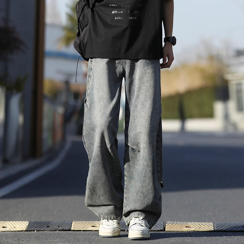 夏季复古水洗男士阔腿裤牛仔裤