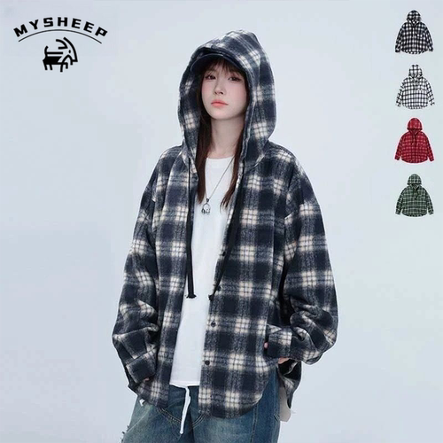春季新港味格子连帽中长衬衫外套