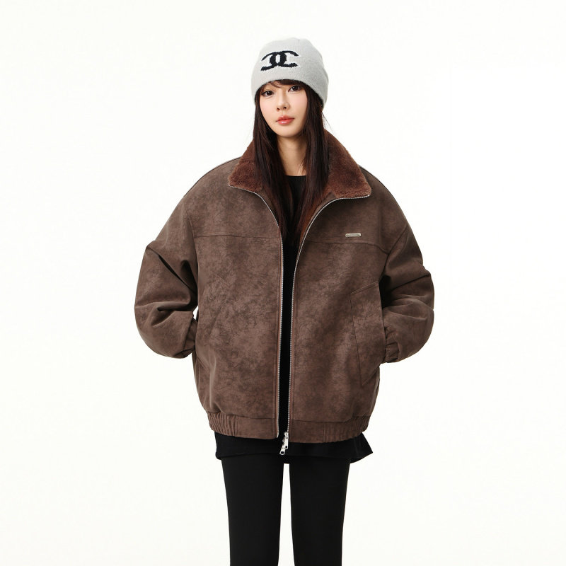 MY冬季加绒加厚皮夹克男女潮流显瘦保暖座山雕外套美式复古棒球服